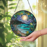 Moonlit Beach Glass Suncatcher: Coastal Night Landscape Window Art